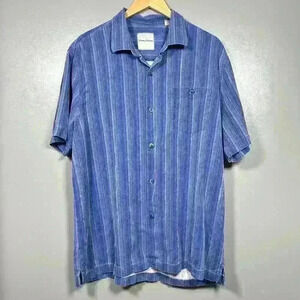 TOMMY BAHAMA 100% Silk Blue Stripe Casual Short Sleeve Button Up Men XL
